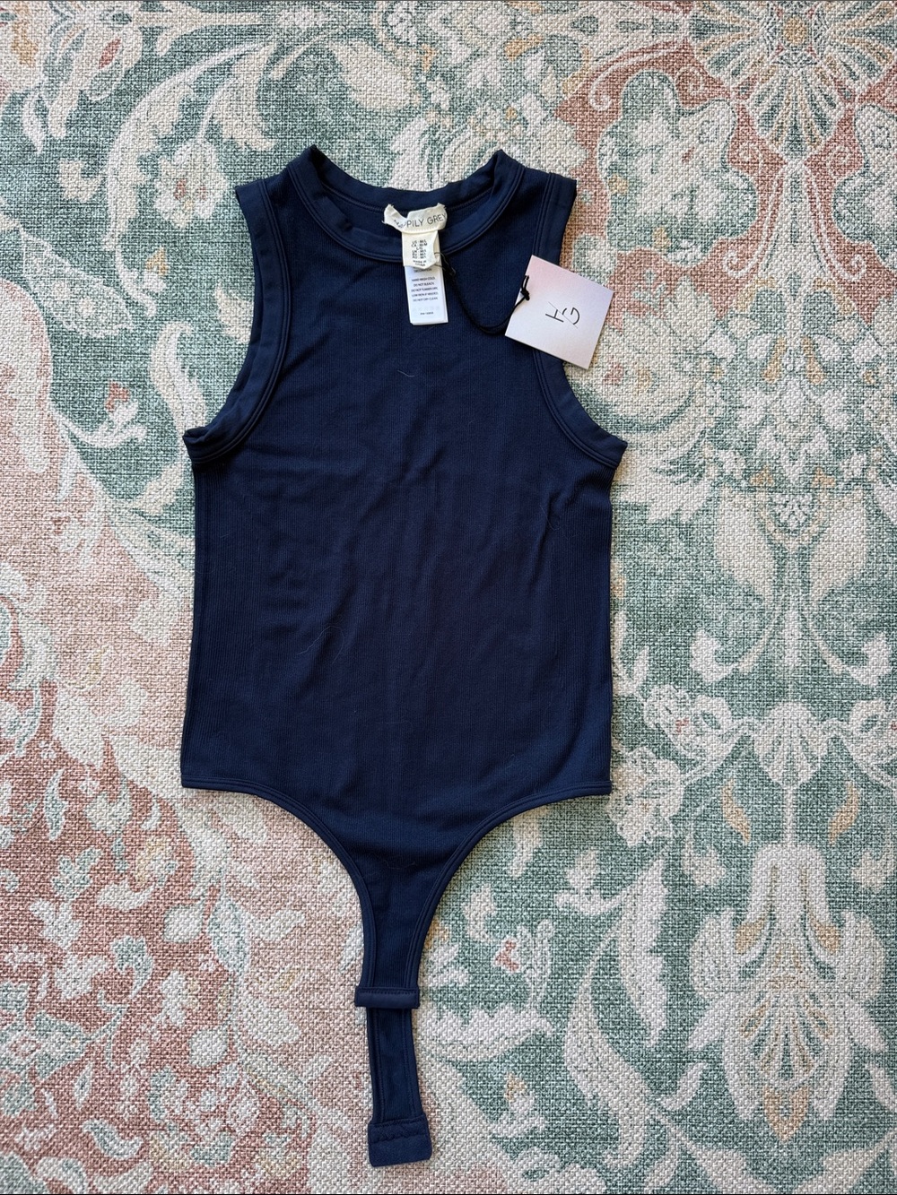 Sleeveless Navy Ribbed Stretch Bodysuit with Snap Crotch